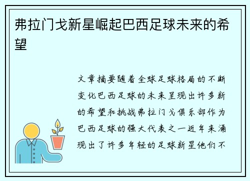 弗拉门戈新星崛起巴西足球未来的希望