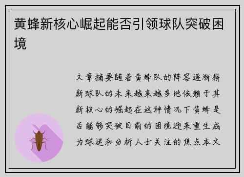 黄蜂新核心崛起能否引领球队突破困境